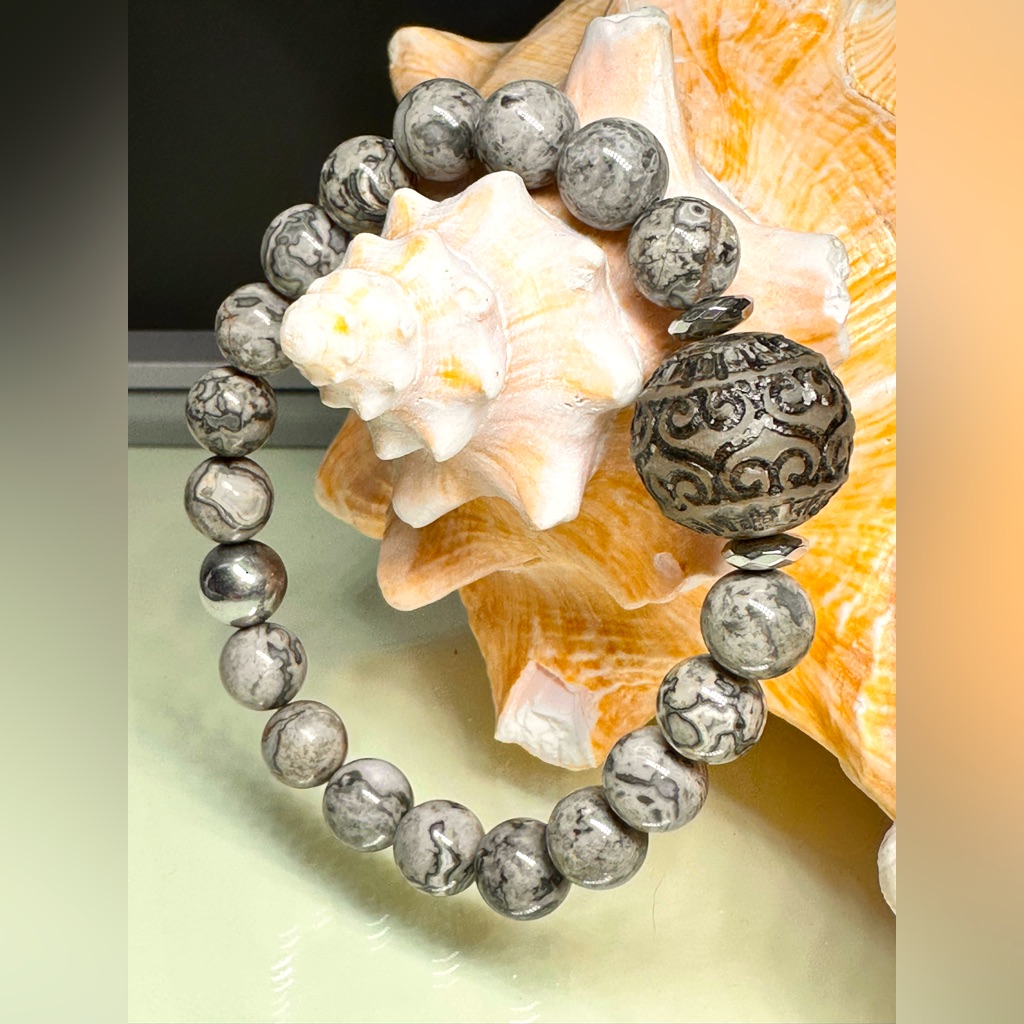 Picasso Jasper +Jak Horn Natural Bracelet Size 7.5”